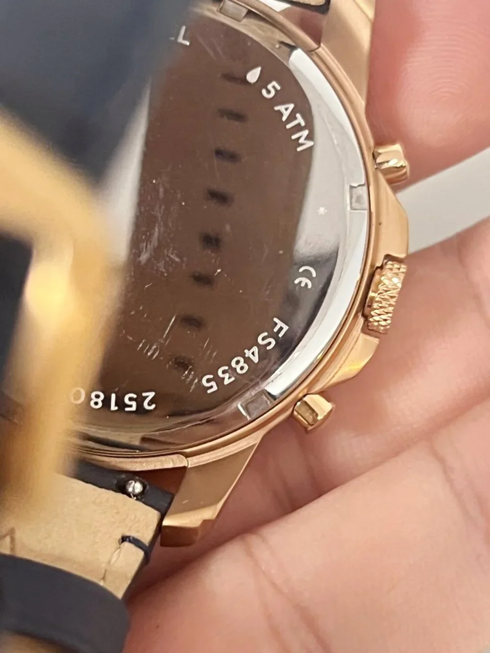 Fossil FS4835 Chronograph 44mm Rose Gold Steel Watch Navy Leather Strap
